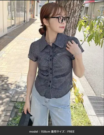 ABYS 크롭 체크 셔링 시어 셔츠 네이비
