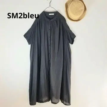Samansa Mos2 blue 인도 면 다크 그레이 셔츠 원피스 반팔