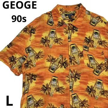 GEORGE 알로하 셔츠 오픈 카라 맥주 패턴 오렌지 반팔 주황