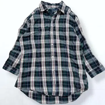 SHIPS 린넨 100% 체크 셔츠 7부 소매 그린 네이비 여성용 L