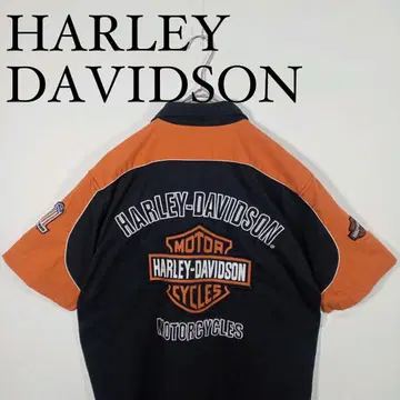 HARLEY-DAVIDSON 반팔 오픈 카라 워크 셔츠 블랙 오렌지