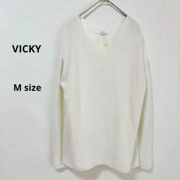 비키 VICKY 얇은 소재 니트 M 화이트 긴팔 V넥 앞뒤 절개
