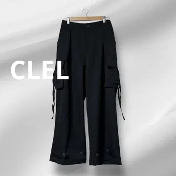CLEL 블랙 카고 팬츠 사이드 포켓 와이드 팬츠 밑단 조임 블랙
