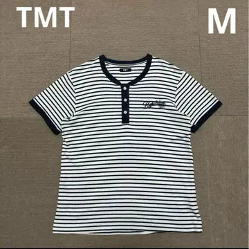TMT 코튼 보더 티셔츠 자수 로고 헨리넥 네이비 M
