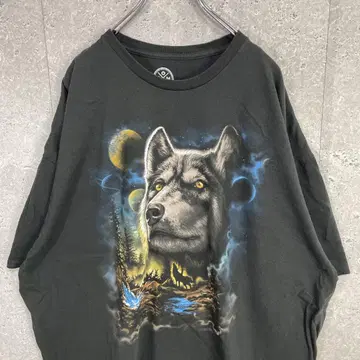 DOM 애니멀 울프 풍경 프린트 블랙 티셔츠 3XL