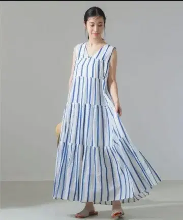 누키테파 BEAMS 별주 스트라이프 슬리브리스 롱 원피스