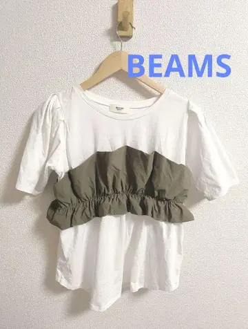 BEAMS HEART 뷔스티에 도킹 프릴 반팔 티셔츠 올리브