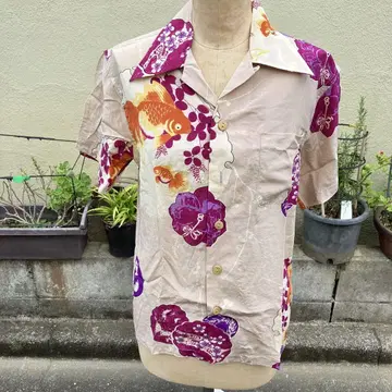 MAKANA LEI 금붕어 패턴 실크 알로하 셔츠 일본풍 패턴