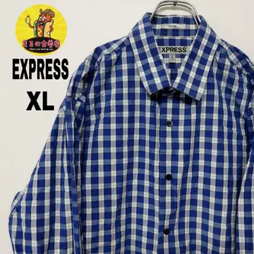 USA 구제 의류 EXPRESS 긴팔 버튼 셔츠 XL 블루 화이트 체크
