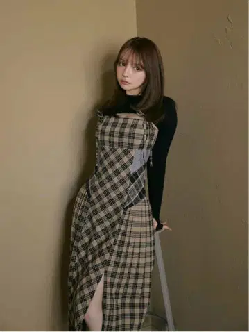 Andmary Nadia 체크 롱 드레스 Beige