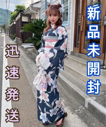 새상품 그레일 GRL 유카타 레트로 네이비 핑크 블루 오비 세트