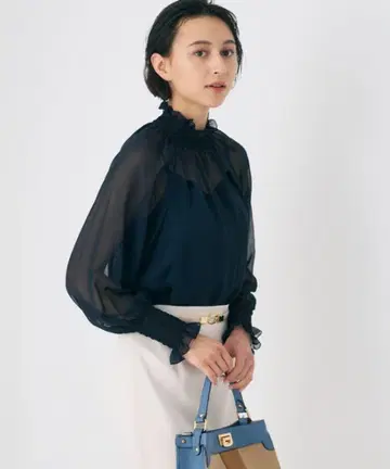 ANAYI 시어 조젯 셔링 블라우스 블랙 사이즈 38
