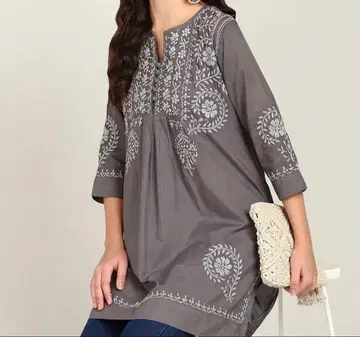 Lu3 치칸카리 라크노우 손 자수 그레이 튜닉 Chikankari