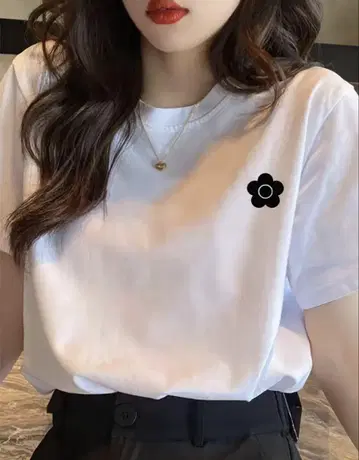 화이트 꽃 프린트 자수 티셔츠 SML 마리 퀀트 스타일 화이트 블랙