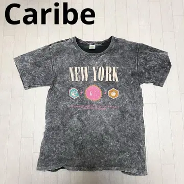 유160 1 구제 Caribe 반팔 프린트 티셔츠 블랙 남성용