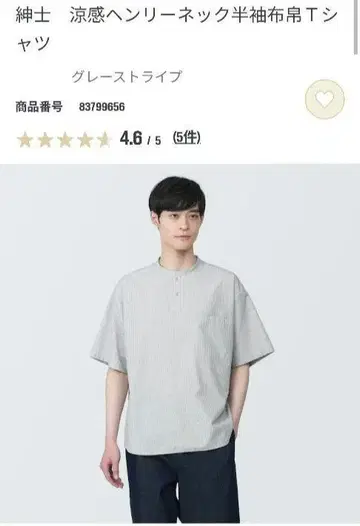 미사용 새상품 MUJI 신사 냉감 헨리넥 반팔 셔츠 그레이 스트라이프 S