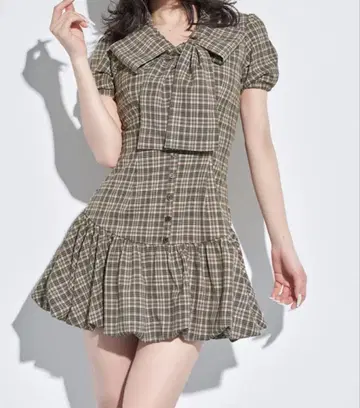 Darich 빅 리본 벌룬 체크 미니 원피스