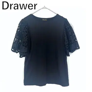 드로어 Drawer 상의 소매 레이스 코튼 크루넥 네이비 네이비
