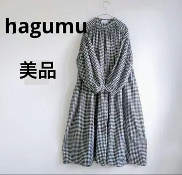 hagumu 체크 플레어 원피스 밴드 카라 턱 프론트 오픈 깅엄