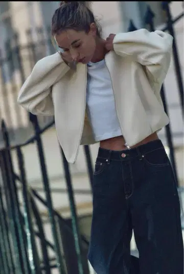 ZARA 그레이 노카라 크롭 봄버 자켓 S