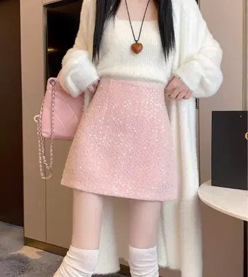 봄 스커트 핑크 안감 부착 스팽글 미니 스커트 화려함