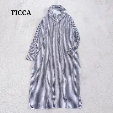TICCA 스퀘어 빅 롱 셔츠 원피스 스트라이프 화이트 x 네이비