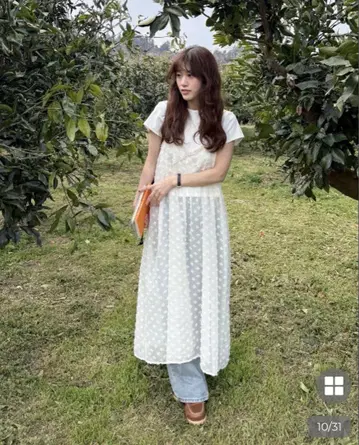 미사용 nugu 플라워 시스루 롱 원피스
