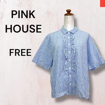 PINK HOUSE 핑크하우스 가슴 프릴 셔츠 블라우스 체크 파랑