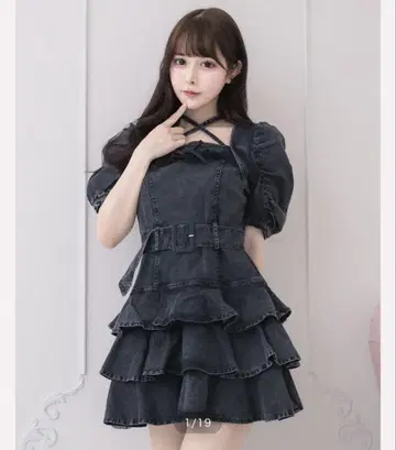 pium 티어드 프릴 미니 원피스 블랙 데님