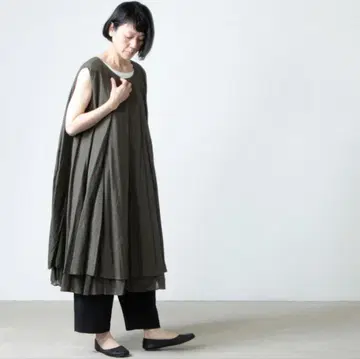 미즈이로 인드/더블 헴 플레어 롱 원피스/카키/슬리브리스