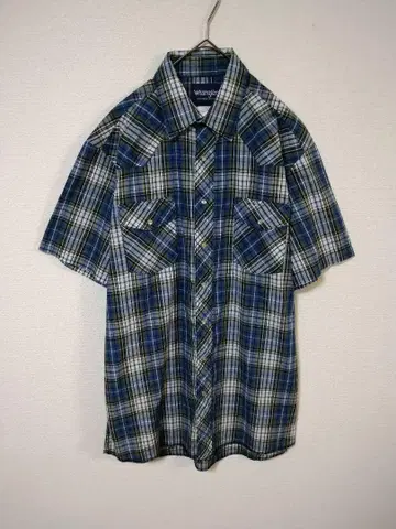 랭글러 Wrangler 반팔 셔츠 남성용 XL 상당 블루 계열 체크 무늬