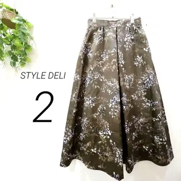 STYLE DELI 플레어 스커트 꽃무늬 카키 계열 광택 롱 봄/가을