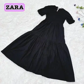ZARA 포플린 패널 미디 원피스 티어드 반팔 퍼프 슬리브 블랙