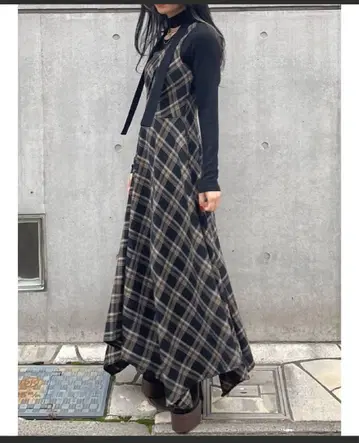 인조 가죽 도킹 체크 롱 원피스