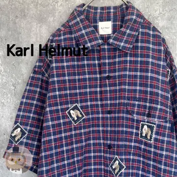 일본제] Karl Helmut 반팔 체크 셔츠 개 와펜 구제 의류