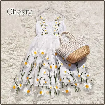 Chesty 꽃무늬 자수 튤 슬리브리스 플레어 원피스 비익 버튼 M