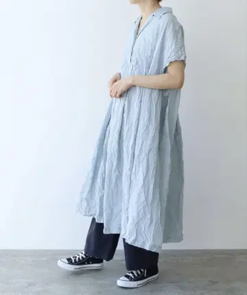 얇은 파랑 코튼 셔츠 원피스 반팔