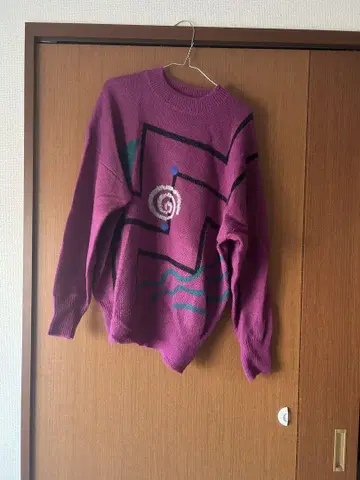 PECO CLUB 기하학 패턴 퍼플 니트 스웨터 긴팔 팥색