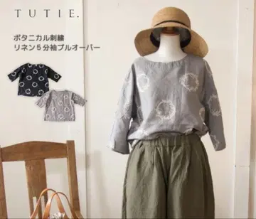 TUTIE 린넨 100 돌먼 블라우스 보타니컬 자수 5부 소매 풀오버