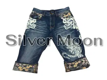 레어! Silver Moon 호랑이 무늬 일본풍 패턴 데님 하프 팬츠
