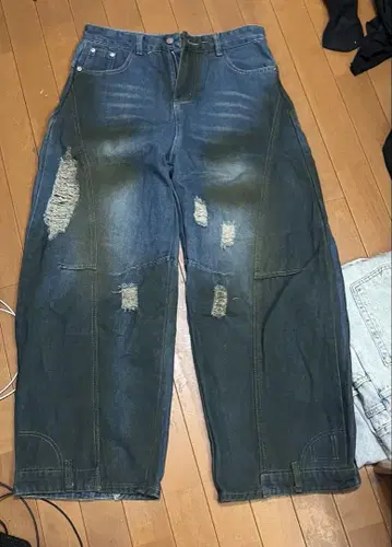 데미지 데님 팬츠 루즈핏 워시드 가공