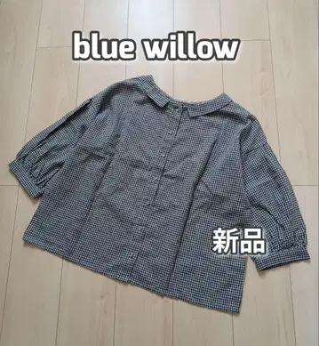 새상품 블루 윌로우 치비 옷깃 체크 블라우스 면 린넨 2WAY