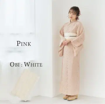 레이스 유카타 핑크 화이트 오비 세트