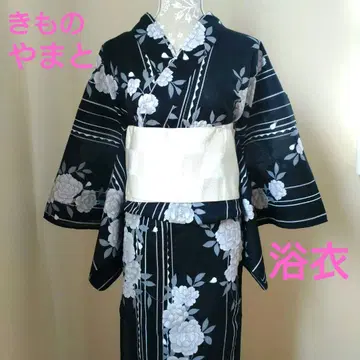 새상품급 유카타 꽃무늬 블랙 면 100% 기모노 야마토