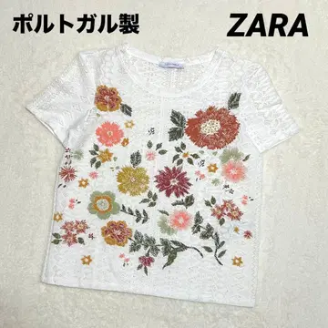 포르투갈 ZARA 자라 레이스 반팔 티셔츠 꽃무늬 시스루 화이트 S
