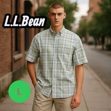 [새상품급] L.L.Bean 면100% 반팔 셔츠 그린 계열 체크 무늬