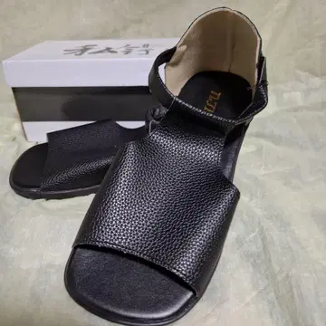 FASHION 가죽 오픈토 샌들 블랙 부드러운 와이드 주름 가죽