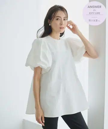해시뉴앙스 <사사가와 유리 콜라보> 퍼프 슬리브 A라인 블라우스 화이트