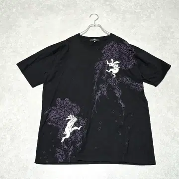 일본풍 풍경 (XXL) 반팔 티셔츠 일본풍 패턴 토끼 크루넥 프린트 블랙