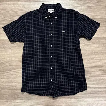 LACOSTE 체크 무늬 반팔 셔츠 M 네이비 격자 무늬
